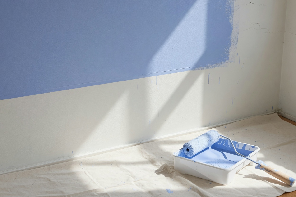 Parede sendo pintada de azul, com rolo e bandeja no chão.